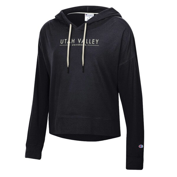 Women's Fit Super soft black Champion Hoodie with embroidered Utah Valley University on the front and a short slit on either side at the bottom